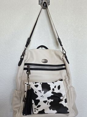 Cream Backpack with Black Cowhide Print Front Pocket